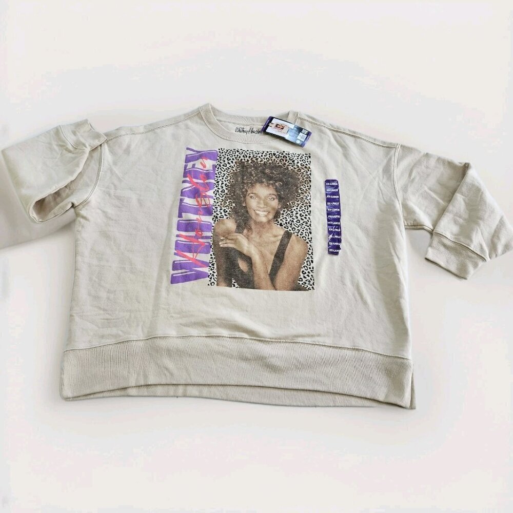 Whitney Houston Sweatshirt Womens XXL Beige LS Fleece Inside Music Icon Boho NWT - Picture 9 of 16